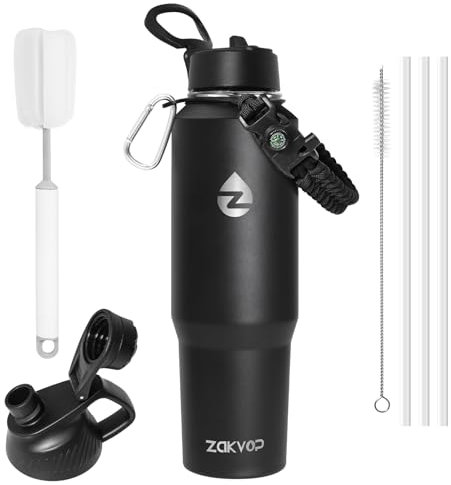 ZAKVOP Taza Termica 1,2 L, Taza Termo con Pajitas y Dos Tapas, Botella Termica de Acero Inoxidable con Mango de Paracord para Portavasos, Vaso Termo Cafe para Llevar
