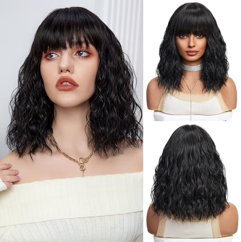 UEVIES Kurze gewellte schwarze Perücke Synthetisches Haar Perücken mit Pony Natürliche Schulter Länge Bob Perücke für Frauen Täglich Party Cosplay-16 Zoll