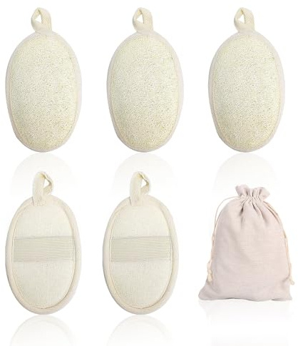 5 stycken luffa-badhanddukar, beige luffa-skivor, 1 förvaringspåse, badsvamp för vuxna, luffasvamp, ansiktstvättsvamp, exfolierande badsvamp
