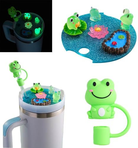 KWJNH Cute Frog Straw Topper for Stanley 40oz, Luminous Name Plate for Stanley Cup Lid Accessories, Silicone Straw Cover Cap for Stanley Tumblers 40oz, Kids Themed Party Gifts Decoration