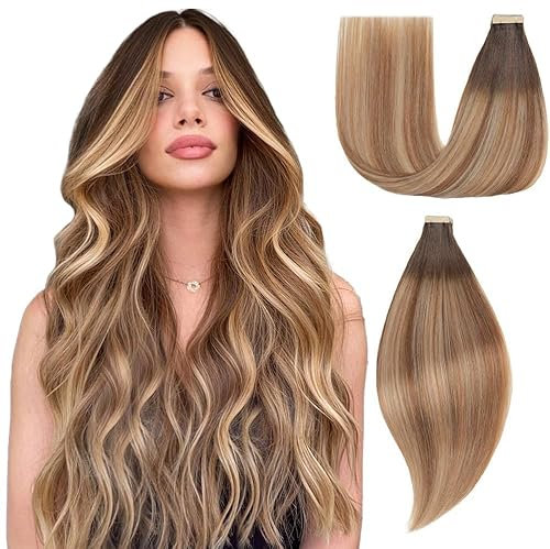 EINbeauty Tape Extensions Echthaar 20pcs Extensions Echthaar 55cm 50g Dunkelbraun mit Chestnut Brau mit Ashblond Tape In Extensions Echthaar Invisible Echthaar Extensions Für Frauen(22inch,2/6/18K#)