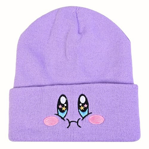 Kirby Strickmütze mit Satin-gefüttert, niedliche Anime-Mütze mit gesticktem Gesicht, Acryl mit Seidenfutter für Damen und Herren, Violett, M/Einheitsgröße