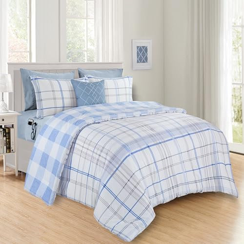 Elegant Comfort 8-teiliges Lodge Plaid Wende-Bettwäsche-Set – seidig weiches Komplett-Set beinhaltet Bettlaken-Set mit doppelseitigen Aufbewahrungstaschen, King/Cal King Size, Aqua