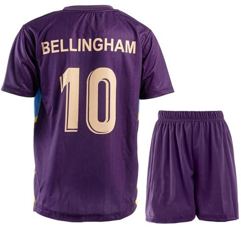PraiseLight England Nationalmannschaft Bellingham #10 Auswärtstrikot Neue Edition für Kinder mit Shorts, Fußballset in Jugendgrößen (Violett, 152 (8-9 Jahre))