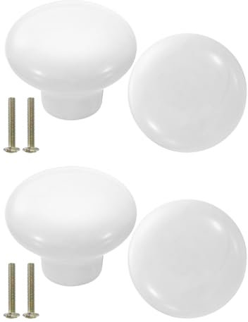 sourcing map 4 Packs Ceramic Drawer Knobs, Round Dresser Pulls, Decorative Drawer Knobs with M4 x 25mm Screw for Cupboard Wardrobe, White