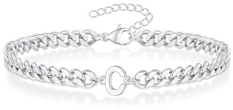 Angelra Silver Initial Cuban Link Chain Bracelets for Men Christmas Gifts - Meaningful Letter Bracelet for Women, Unique Father's Day Gifts for Husband Dad Grandpa Brother Friend (C)