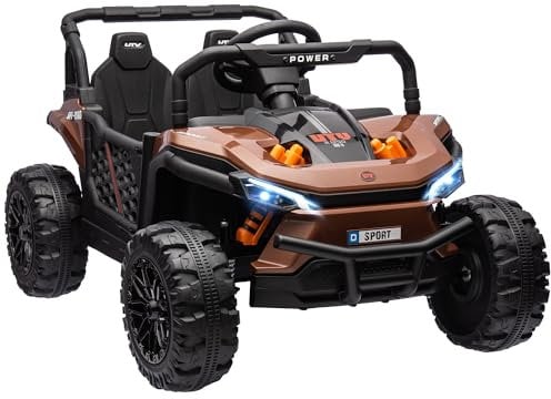 AIYAPLAY Elektrisches Kinderauto UTV, elektrischer Kinderbuggy, mit 2.4Ghz Fernbedienung, 2 Motoren 12 V, 2 Geschwindigkeiten, Musik, Hupe, Lichter, für Kinder 3-5 Jahre, braun