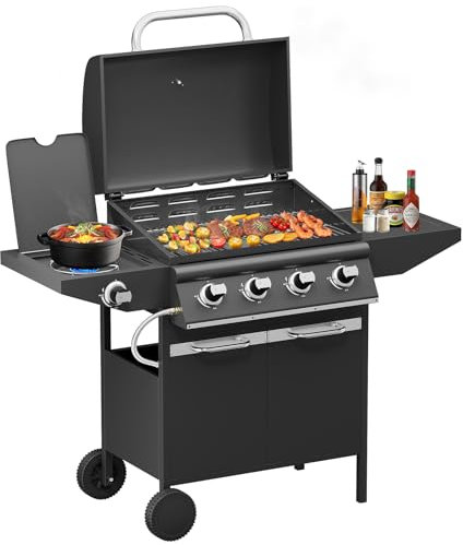 HOMELUX Gasgrill, 4 +1 Brenner 15 kW BBQ Grillwagen, 62 x 40 cm Große Grillfläche, Grillküche, Standgrill Gas Grillwagen inkl. Grillrost, Deckel, Thermometer