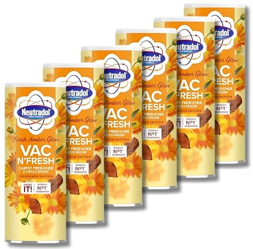 Carpet Freshener & Deodoriser 350g – Fresh Amber Glow Scent – Pack of 6 Long-Lasting Odour Eliminator for Carpets & Rugs| Removes Pet, Tobacco & Cooking Smells for a Fresh, Clean Home