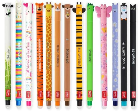 LEGAMI Set mit 13 radierbaren Gelstiften Gelschreiber verschiedene Tintenfarben Panda, Lama, Einhorn, Tiger, Giraffe, Corgi, Teddy, Biene, Dino, Schmetterling, Hippo, Pinguin und Kitty