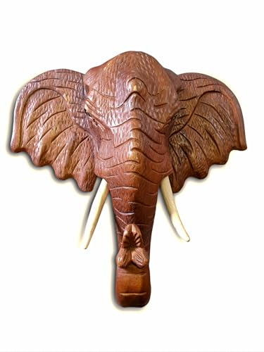 Kinaree Holz Elefantenkopf Wanddeko aus Suar – handgeschnitzt in Thailand – Massivholz Tierkopf für Wand – asiatisches Wandbild 20-68 cm hoch (Braun, XL: 45x40x20 cm, Ungerahmt)