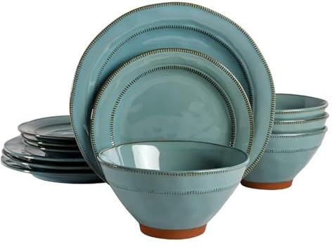 MOBYGKFY Service d'assiettes à dîner sarcelle, 12 pièces, for les dîners, rond, glaçage réactif, vaisselle en terre cuite, Service for quatre