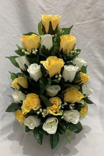 Silky Bouquets Flat-Back Grave Pot – Handmade Artificial Soft Yellow & White Rose Silk Flower Arrangement, Elegant Memorial Tribute, Lasting Cemetery Floral Decoration