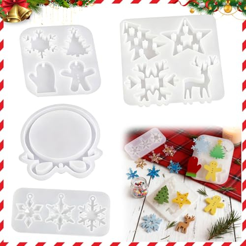 Feegela Moule Silicone Noël 4 Pièces - Formes Étoile, Renne, Sapin | Flocon, Bonhomme Pain d'Épice, Moufle et Pendentif, Pour Bougies, Biscuits, Résine Époxy DIY, Cadeau Créatif