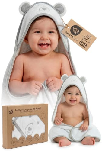 Toalla Baño Bebé Bambu Capucha Capa 89x89 cm (0-3 años) Capa de Baño Suave y Absorbente Regalo Recién Nacido Original para Papás y Mamás Newborn Baby Essentials en Diseños de Animalitos (Blanco)