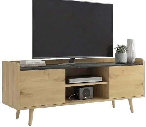 Blisswood TV Unit, 112cm TV Stand Cabinet for up to 43–50 Inch TVs, TV Unit for Living Room with Storage & Open Shelf, Wooden Legs Entertainment Console Table, TV Cabinet for Bedroom, Oak + Black