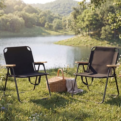 Mendler 2er-Set Campingstuhl HWC-Q43 Bambus - schwarz | Gartenstuhl, Balkonstuhl, Freizeitstuhl, klappbar Metall, Stoff/Textil