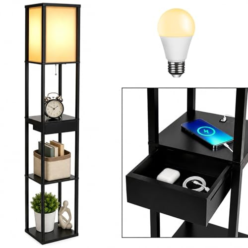 ARTETHYS Floor Lamp with Shelves, Standing Lamp with 2 USB Charging Ports | LED Bulb, Drawer, Tall Lamps for Living Room, Modern Standard Wooden Lamp for Bedroom, Home Office, Black