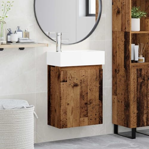 Runheo Mueble bajo lavabo de madera antigua con grifo y lavabo de cerámica, 45,5 x 22,5 x 84 cm, montaje en pared, puerta reversible, ahorra espacio para invitados, mueble de baño