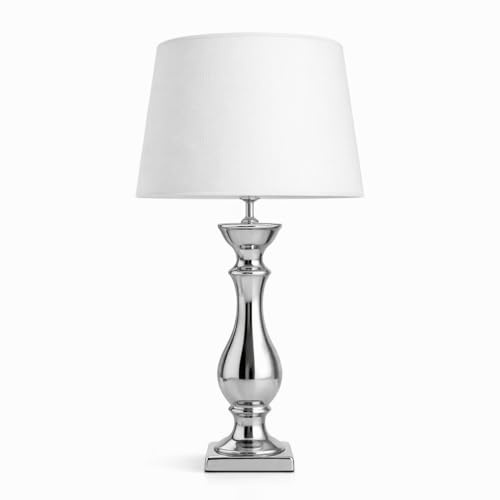 Lovely Tischlampe 60 cm Tischleuchte Nachttischlampe mit weißem Stoffschirm & Silbernem Keramikfuß mit Kabelschalter für Schlafzimmer, Wohnzimmer, Büro Dekolampe E27, Leselampe [Energieklasse A]