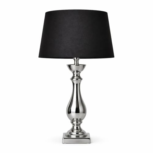 DRULINE Lovely Tischlampe 46 cm Tischleuchte Nachttischlampe mit Schwarzem Stoffschirm & Silbernem Keramikfuß mit Kabelschalter für Schlafzimmer, Wohnzimmer, Büro Dekolampe E27, Leselampe