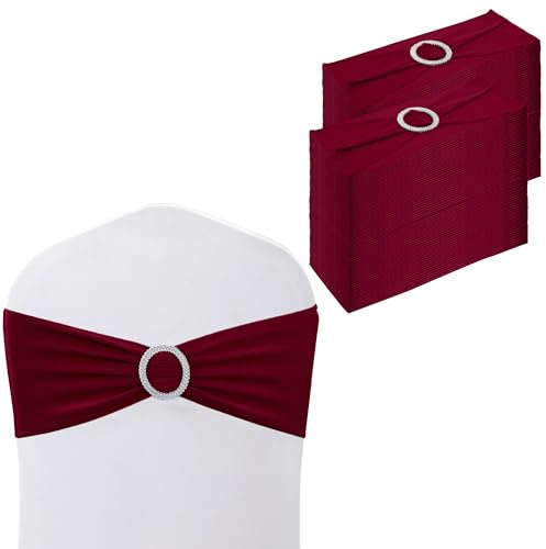 WedDecor Plain Spandex Chair Bands with Slider Buckle, Burgundy, 100pcs