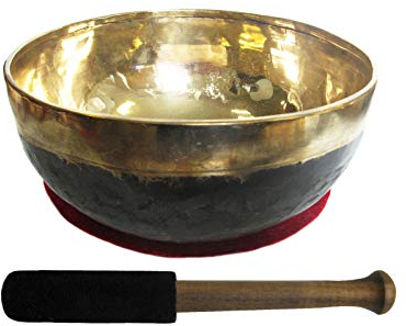 Bengali KLANGSCHALE 450-500g Handarbeit 3-tlg Set mit Zubehör. Gold schwarze Schale + Klangschalenkissen + Klöppel (Holz-Leder). 81600-4