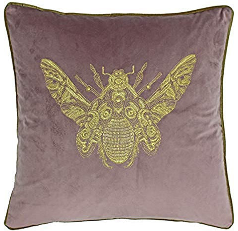 Riva Paoletti Cerana Cushion Cover - Dusky Blush Pink - Super Soft Velvet Fabric - Embroidered Gold Bee Design - Gold Piped Edges - 100% Polyester - 50 x 50cm (20 x 20 inches)