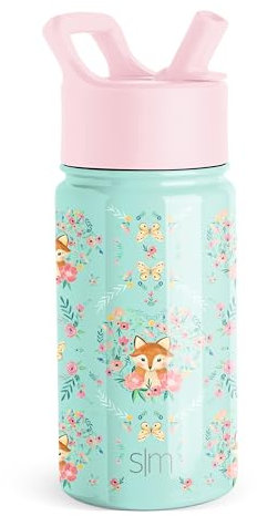 SIMPLE MODERN Trinkflasche für Kinder mit Trinkhalm | Isolierter wiederverwendbarer Edelstahlbecher für Jungen und Mädchen Kleinkind | Summit Sammlung | 415ml | Fox and the Flower