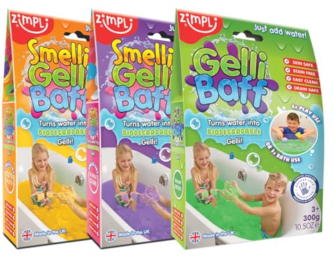 Zimpli Kids 3 x Gelli Baff Tutti Frutti, Bubblegum & Green, Magically turns water into thick, colourful goo, Children's Sensory Bath Toy, Party Bag Fillers, Montessori Toys Gift for Boys & Girls