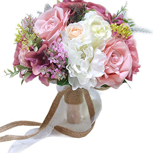 Fiwisora Brautstrauß, 24,9 cm, echte, gemischte Blumen, Elfenbeingrün, Brautschmuck, Überwurf, Blumenstrauß für Hochzeit, Braut, Brautjungfer, Hochzeit, Blume, Vintage-Rosenstrauß