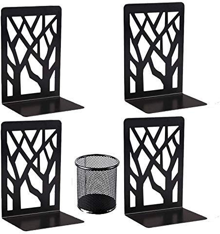 Book Ends, Bookends Heavy Duty, Aileese Book End Holder for Shelves, Metal Bookend (Black 2 Pair) for School and Office, Decorative Tree Unique Design Book Stopper for Gift, Book Binder and Dividers