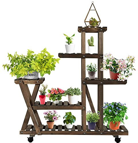 Yaheetech Supports de Pots de Fleurs en Bois pour 5 étagères avec roues escaliers à plusieurs niveaux 97 x 33 x 101 cm