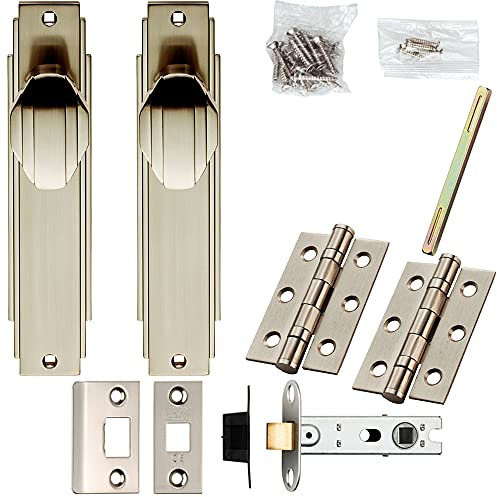 Door Knob & Latch Pack - Satin Nickel - Art Deco Premium Lever Slim Backplate | Complete Matching Set for 1x Interior Door - Handle, Hinges & Tubular Latch Strike Plate | Screws & Fixings Included