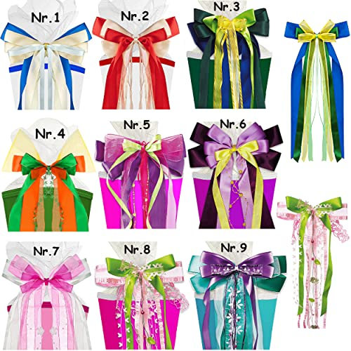 alles-meine.de GmbH große Schleife - für Schultüte - blau - grün & gelb - 50 cm lang - mit edlen Satin Bändern + Tüllband - für Geschenk und Zuckertüte - Geschenkband/Geschenks..