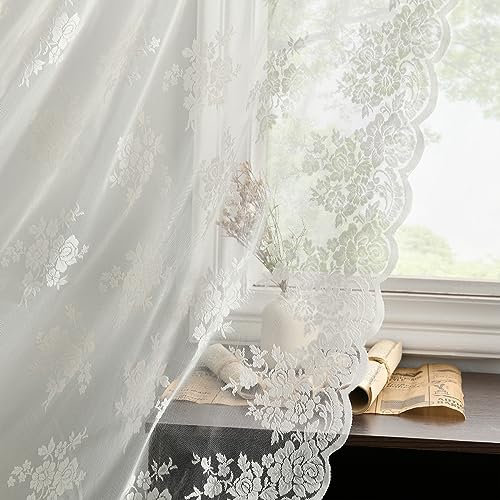 Kotile Elfenbeinfarbene Spitzenvorhänge für Wohnzimmer – Vintage-Tüllstickerei mit Blumenmuster, durchscheinende Spitzenvorhänge, 213 cm Länge, gewellter Rand, 2 Paneele, elfenbeinfarben