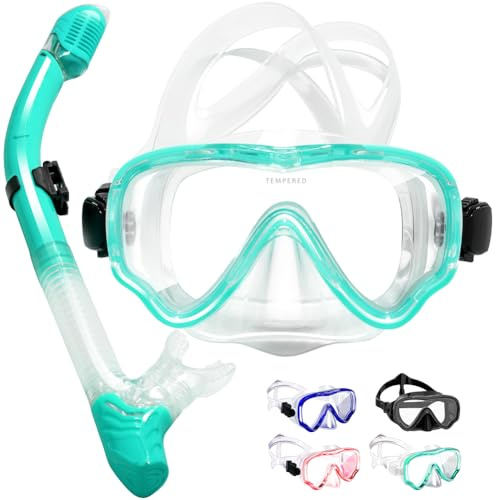 Tyuodna Schnorchelset Erwachsene,Taucherbrille mit Schnorchel,Panorama-Weitblick Schnorchelmaske,Tauchermaske Anti-Fog Anti-Leck Aus Gehärtetem Glas,Dry Schnorchel (Grün)