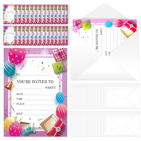 SOL 28x Pink RSVP Party Invitations with Envelopes - Premium Cardstock RSVP Invitation for all Occasions - Birthdays, Baby Showers, Christening, RSVP, Kids Childrens Parties Celebrations - [Write On]