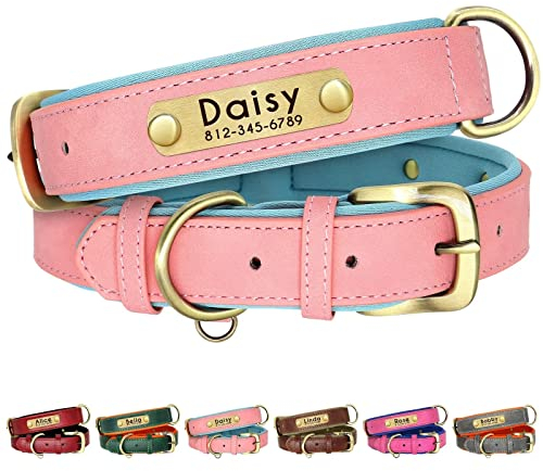 Beirui Genuine Leather Dog Collars Personalised,Soft Padded Leather Dog Collar,Custom Heavy Duty Dog Collar with Metal Hardware, Engrave Name Plate Adjustable Small Medium Large Dog-L,Pink 35-45cm