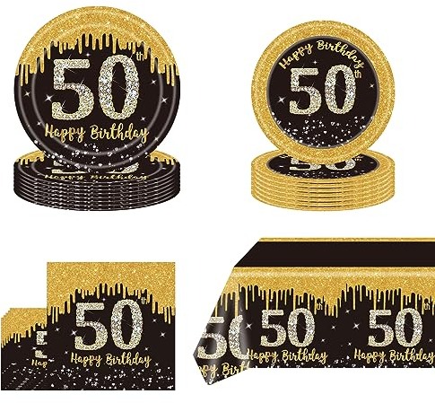 POPOYU 53Pcs Black Gold 50th Birthday Party Tableware Set,Black Gold Table Cloth,Cups,50th Birthday Plates and Napkins Sets,50thBirthday Decorations for Men Women BirthdayGifts Party Supplies