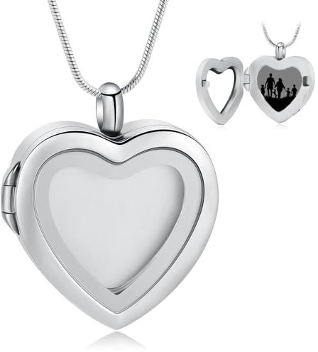 Cremation Jewelry Necklace for Ashes Heart Shaped Memorial Picture Lockets for Ashes Stainless Steel Keepsake Urn Ashes Pendants That Holds Pictures Photo (Silver)
