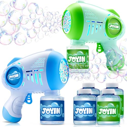JOYIN 2 Kinder Seifenblasenpistolen mit 4 Flaschen Lösung, automatische Seifenblasenmaschine mit 8 Öffnungen für Kinder, Erwachsene, Sommerspielzeug, Osterkorb-Füllung,Grün, Blau.