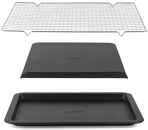 Salter COMBO-8905 Bakes Baking Tray, Sheet & Cooling Rack Set - Non-Stick Flat Oven Sheets, Slide Off Cookie Mat, Carbon Steel Metal Wire Cake Tray, Oven Safe Up To 220°C, PFOA-Free, 32/37/41 cm Black