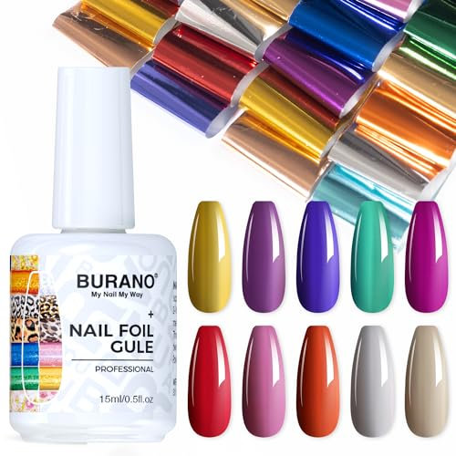 BURANO Nail Art Gel Glue, 0.5 oz with 10PCS Foil Stickers Set - DIY UV LED Lamp Required (Pure Color 18)