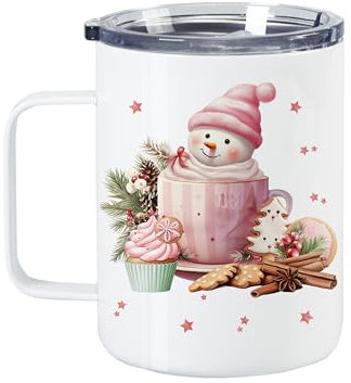 GRAZDesign Glühweinbecher mit Deckel Frohe Weihnachten, Weinachten Thermobecher Edelstahl 350ml (Rosa Schneemann, 350ml)