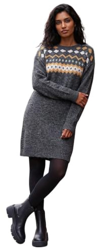 Roman Thick Jumper Dress for Women UK Ladies Fairisle Aztec Knitted Knit Sweater Knitwear Autumn Winter Holiday Round Neck Long Sleeve Soft Knee Length Sweat Warm - Dark Grey - Size 16