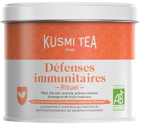 Kusmi Tea - Rituel Défense Immunitaires - Thé Bio - Thé Vert, Maté Bio Enrichi en Vitamine C - Acérola, Arômes Naturels d'Orange et de Fruits Tropicaux - Boîte Thé Métal 100g pour environ 50 Tasses