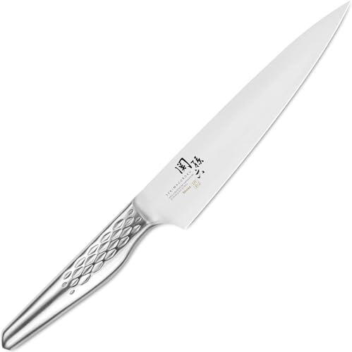 KAI Seki Magoroku Shoso Couteau d'Office 9 cm - acier inoxydable 5CR15MoV 56 (±1) HRC - meulage convexe - manche en acier inoxydable 18-8 avec motif en diamant - Fabriqué au Japon
