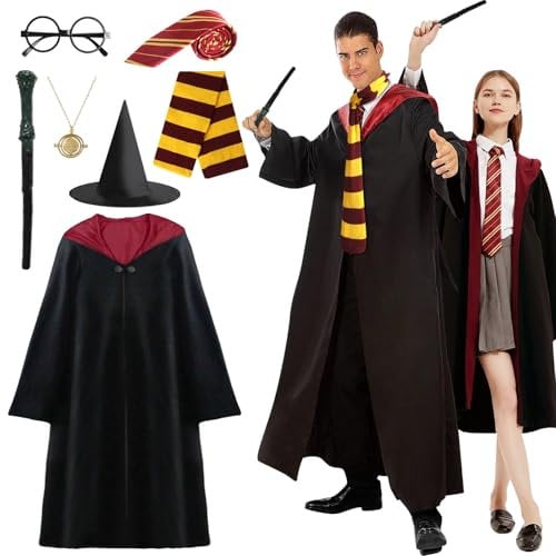 CESHMD Zauberer Cosplay Kostüm, 7 Pcs Magier Robe für Erwachsene mit Umhang, Hut, Zauberstab, Krawatte, Schal, Halskette und Brille, Unisex Uniform für Erwachsene Halloween Karneval Cosplay Kostüme