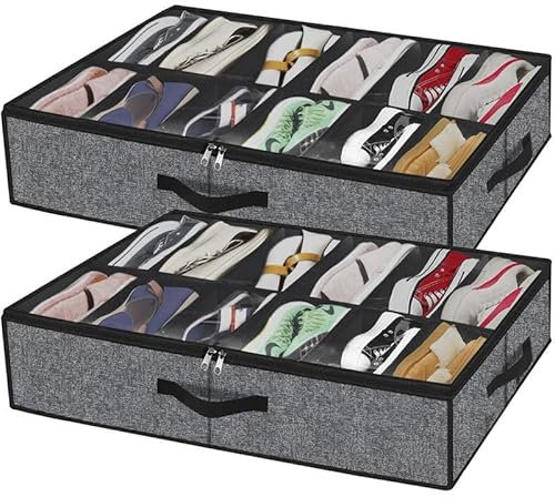 Uwenkjie Underbed shoe box 2 foldable under bed shoe cabinet storage boxes with 24 compartments, reinforced handle under bed shoe box/container, transparent lid, foldable shoe box (dark gray edging)